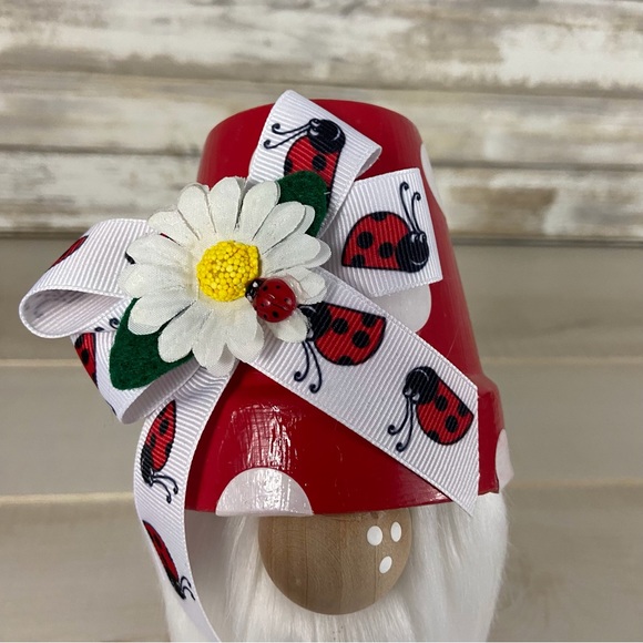 Mushroom Gnome Ladybug Bow Daisy Whimsical Red Tan Flannel White Faux Fur Decor - Picture 3 of 11